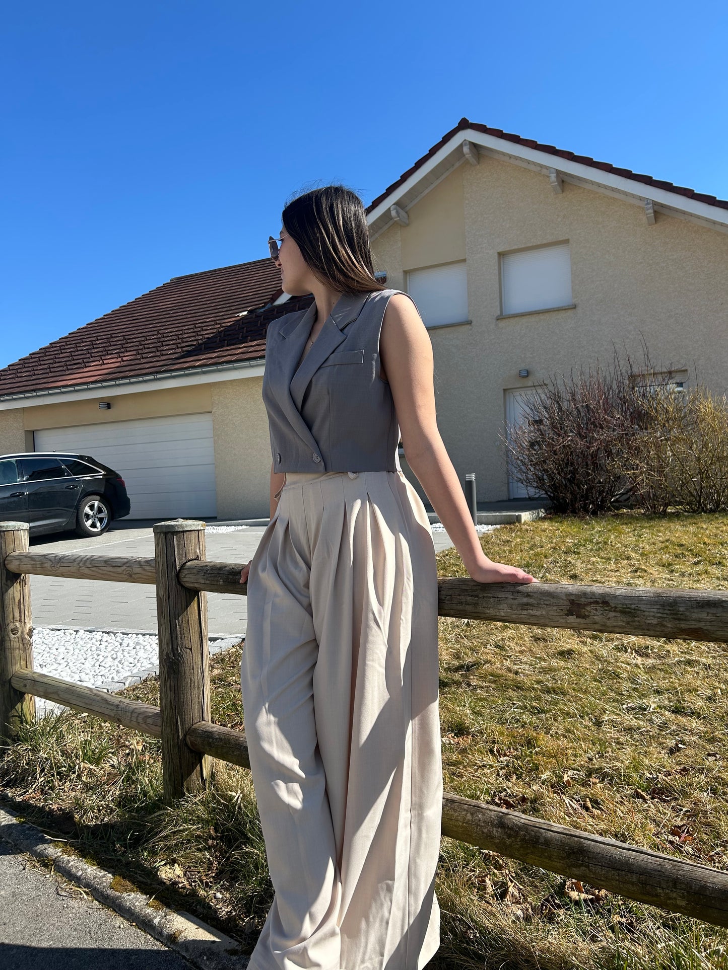 Pantalon long fluide jambes larges coupe droite taille élastique à poches
